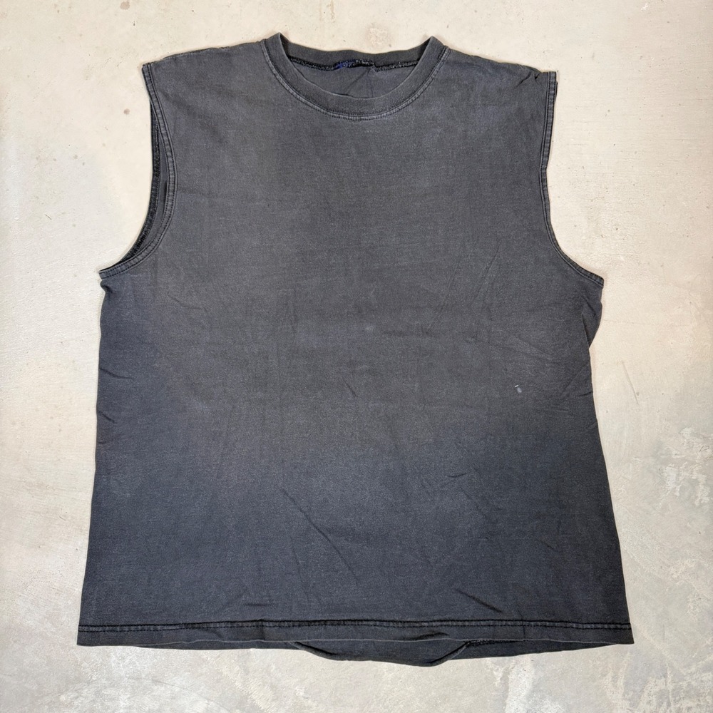 Vintage Faded Black Sleeveless Muscle T-Shirt Mens Large Boxy Fit gym workout